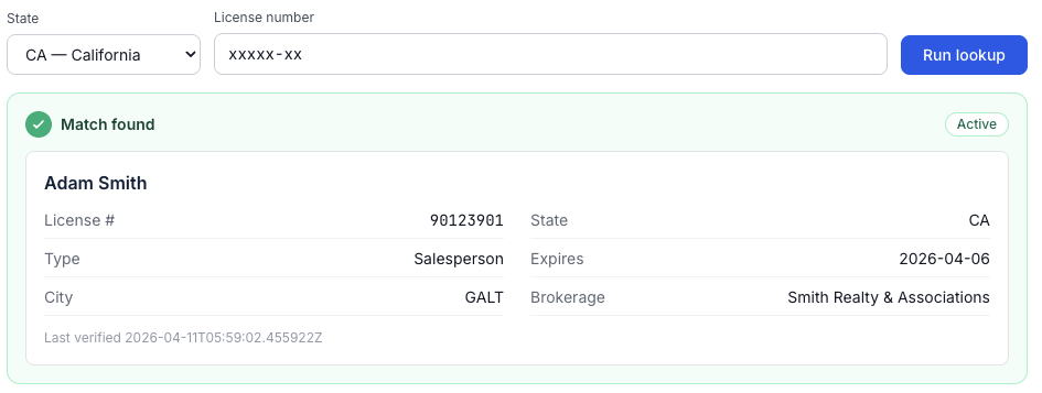 RELD in-app license lookup showing a matched California salesperson record